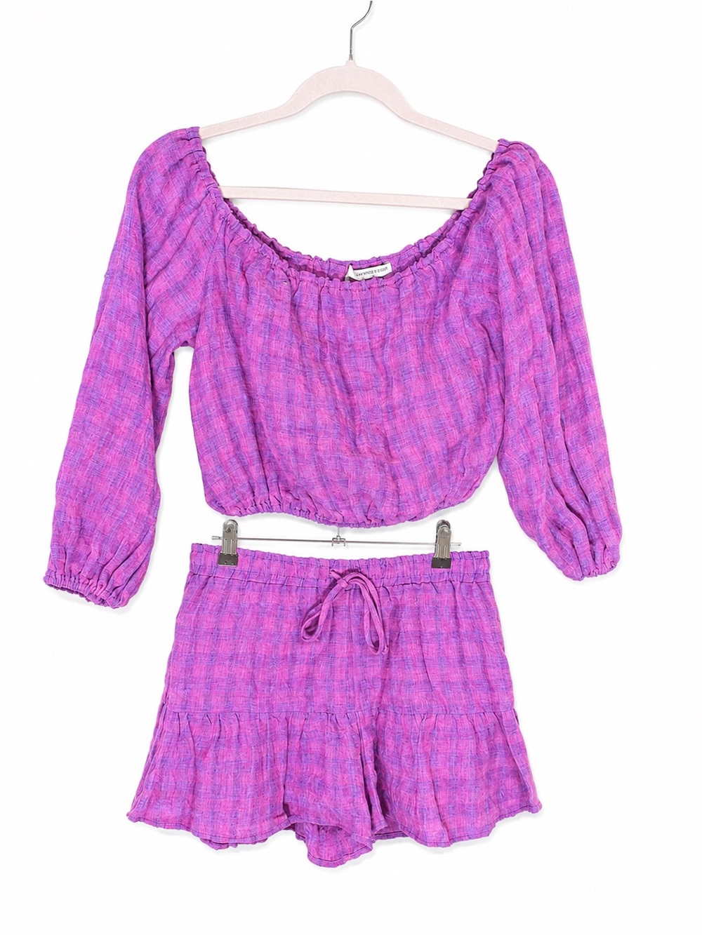 Lavender Brown Pink Purple Plaid Two Piece Top Shorts Set Size M